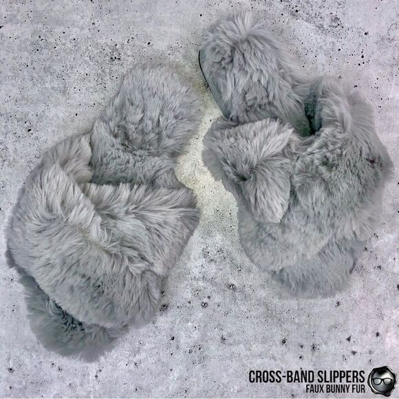 FUZZY FAUX BUNNY FUR CROSS BAND SLIPPERS IN GREY NON-SLIP SIZE MEDIUM 5.5 - 6.5 - Picture 2 of 14